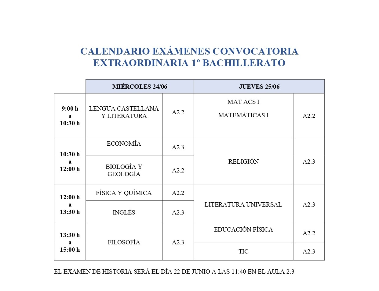 Calendario 1º bachillerato extraordinaria 26-27