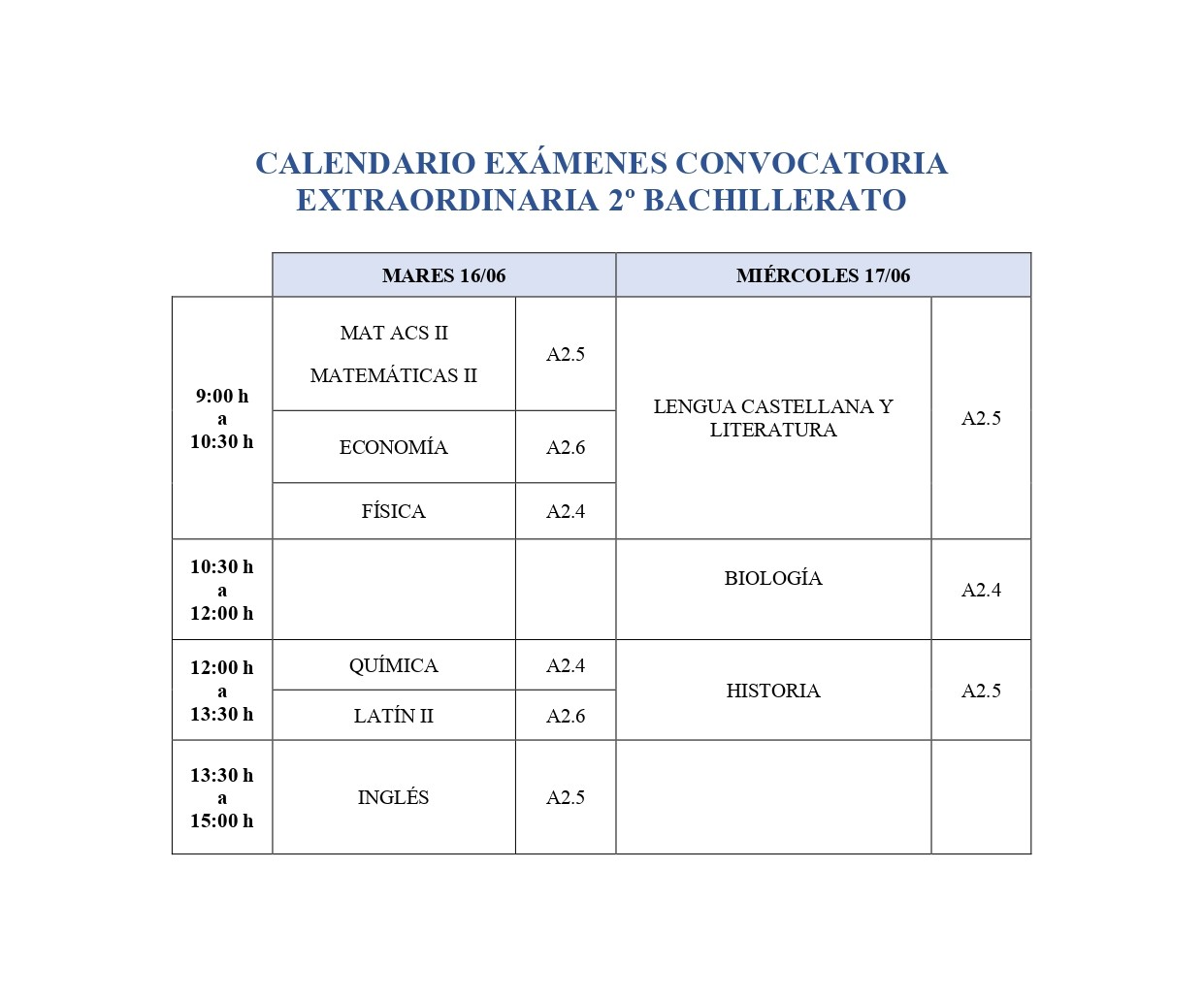Calendario exámenes 2º bach