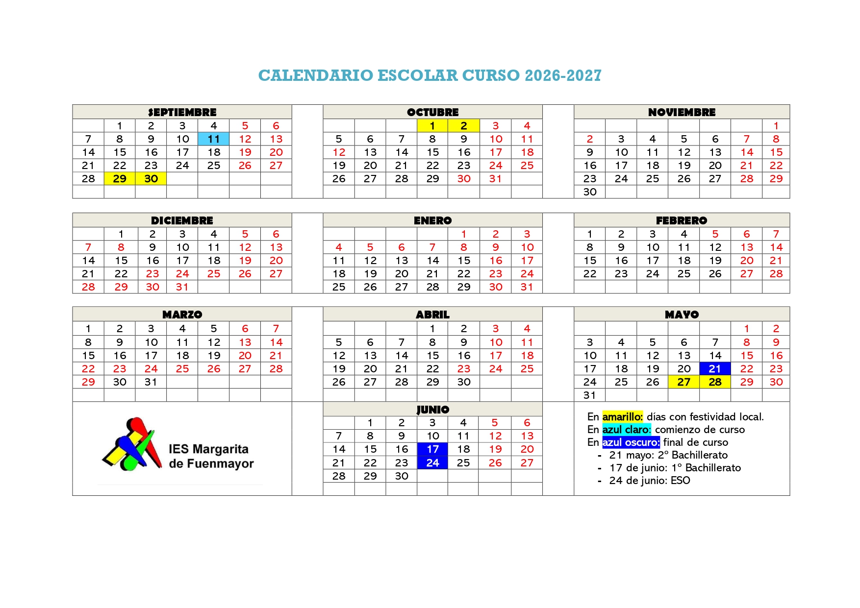 Calendario escolar 26-27